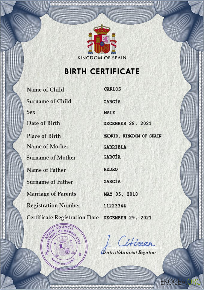 Modèle PSD de certificat de naissance d'état civil en Espagne, entièrement modifiable